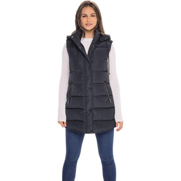 Women's Winter Long Puffer Vest, Quilted Faux Down Filled Hooded Vest - Picture 6 of 7